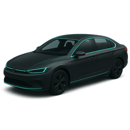 Voiture électrique BYD avec contours lumineux néon, illustrant un design moderne et technologique