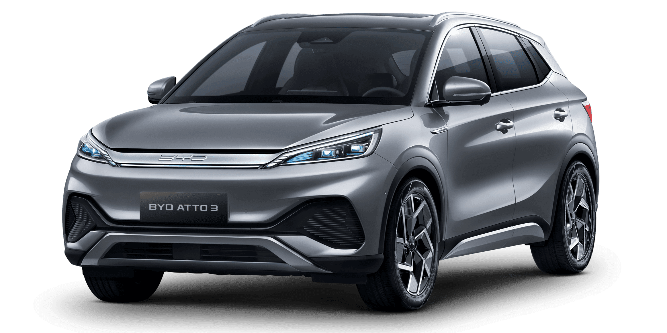 SUV électrique compact BYD Atto 3 de couleur gris métallisé.