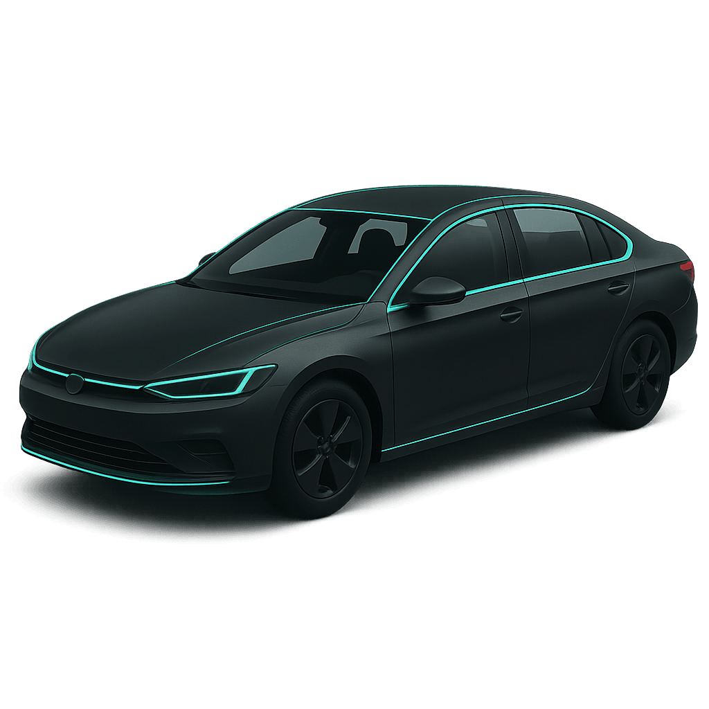 BYD Qin Plus DM-i avec contours lumineux néon, représentant la technologie hybride avancée