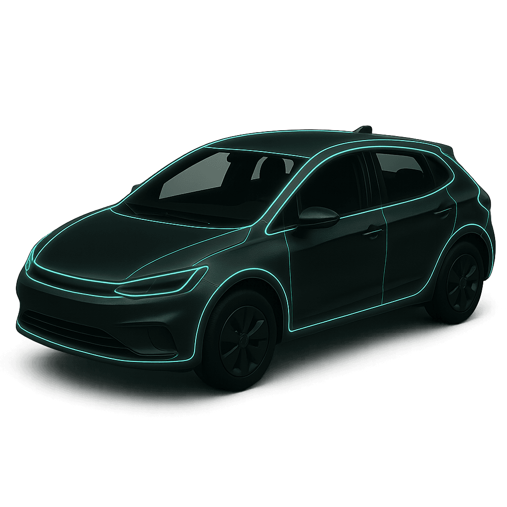 Voiture compacte BYD avec contours lumineux néon mettant en valeur son design moderne et dynamique