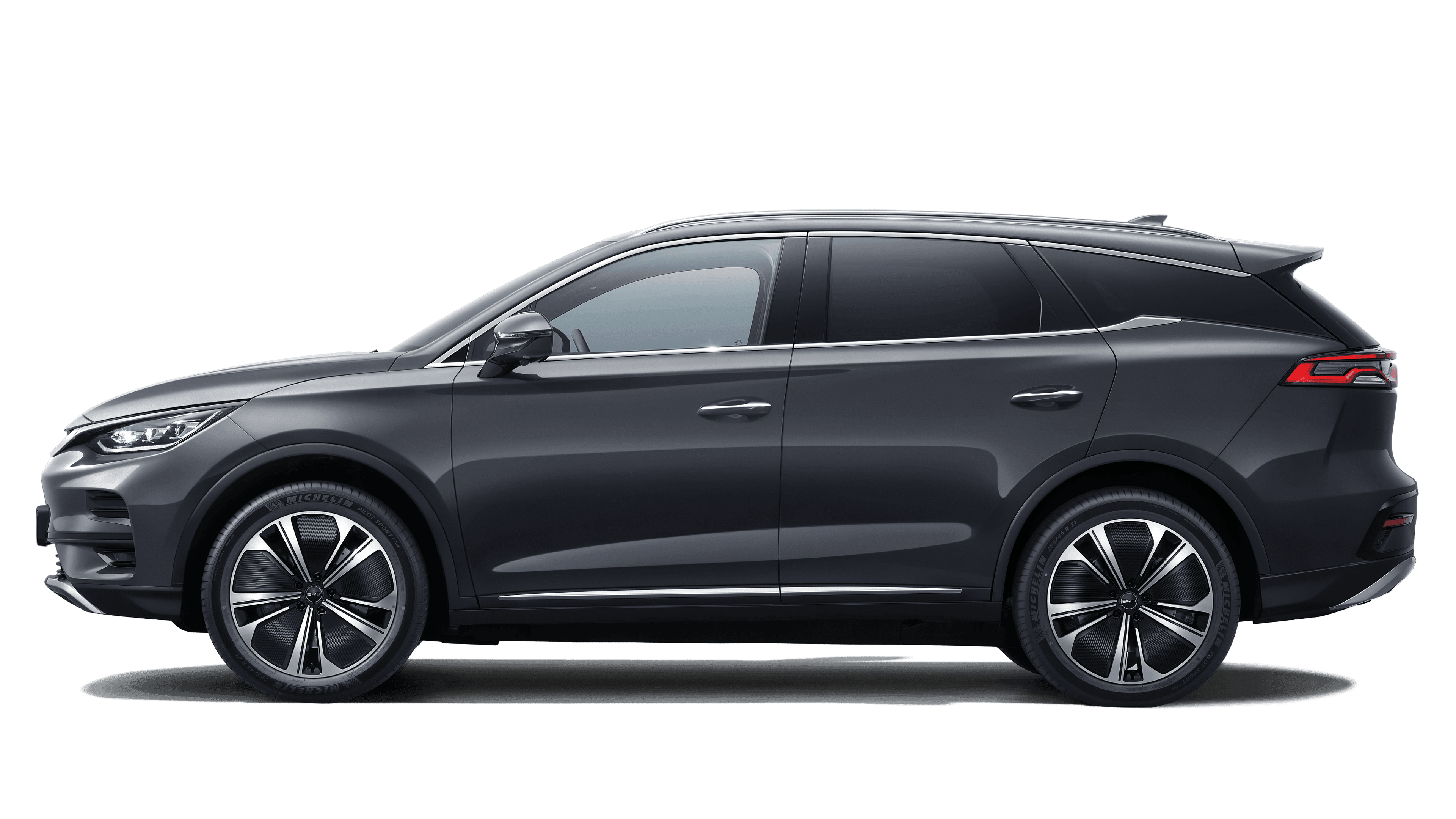 Vue latérale du SUV électrique BYD Tang gris métallisé